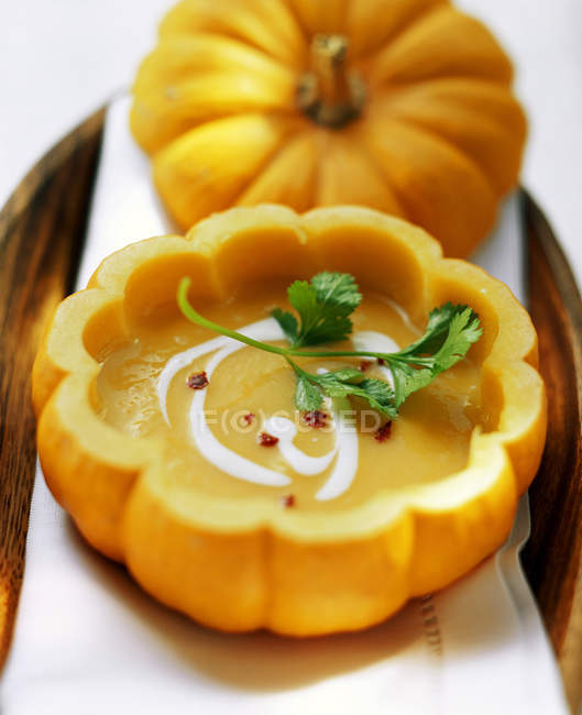 Sopa de abóbora com creme azedo e coentro — Fotografia de Stock