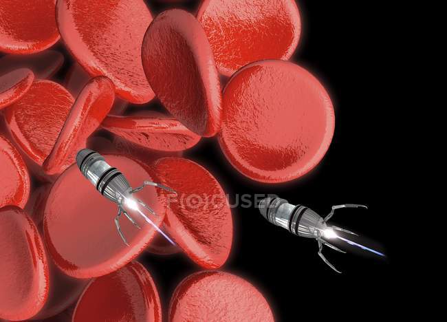 Nanobot in bloodstream with red erythrocytes, digital illustration. — Stock Photo