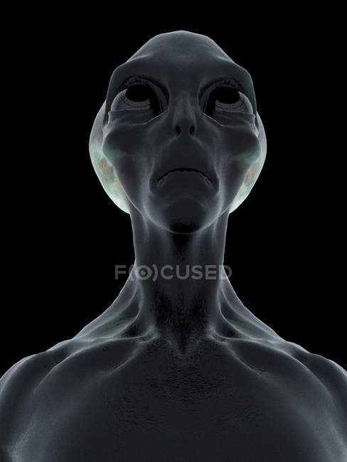 Grey alien head on black background, digital illustration. — Stock Photo