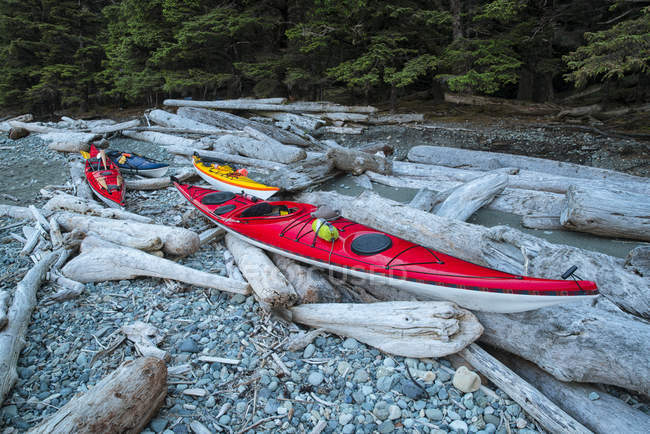 Kayaks lie on shoreline — Stock Photo