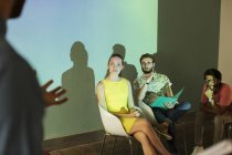 Business people preparing audio visual presentation at modern office — Stock Photo