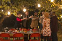 Friends celebrating, toasting champagne at dinner garden party — Stock Photo