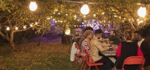 Friends enjoying dinner garden party under trees with fairy lights — Stock Photo