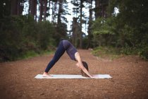 Woman performing yoga on exercise mat in forest — Stock Photo