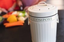 The hands of couple preparing food in their kitchen, a compost container for the vegetable waste in the foreground — Stock Photo