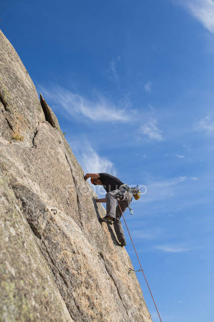 From below man climbing a rock in nature with climbing equipment — Stock Photo