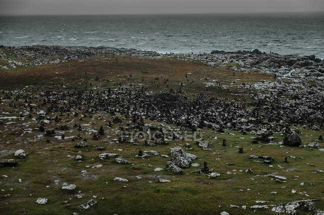 Rocky ocean coast in Scotland on stormy daytime with misty and foggy weather — Stock Photo
