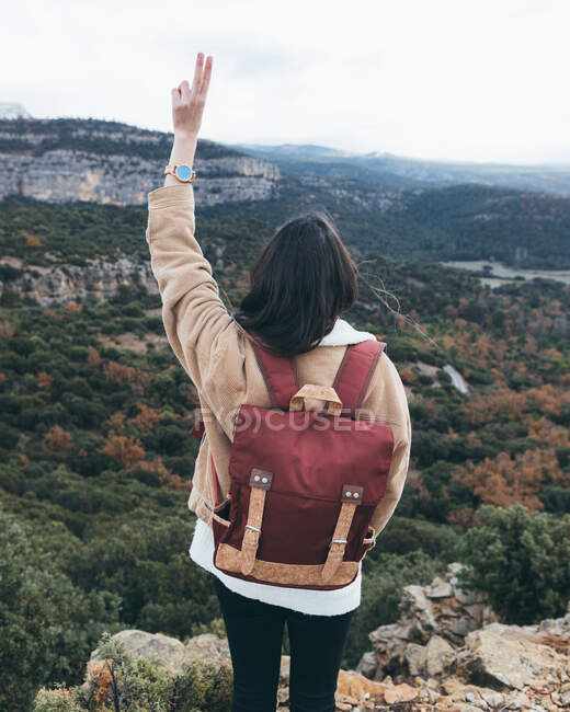 Female traveler standing on rock and enjoying landscape — Stock Photo