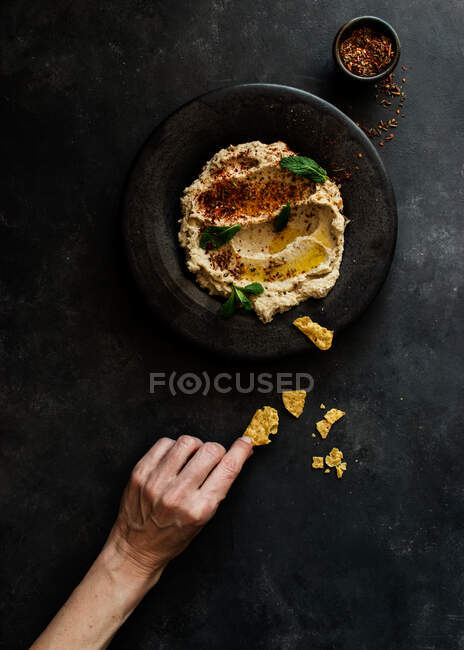 Vista superior da mão pessoa irreconhecível segurando placa preta elegante com berinjela fresca deliciosa e molho de couve-flor elegante decorado com especiarias coloridas e folhas de hortelã — Fotografia de Stock